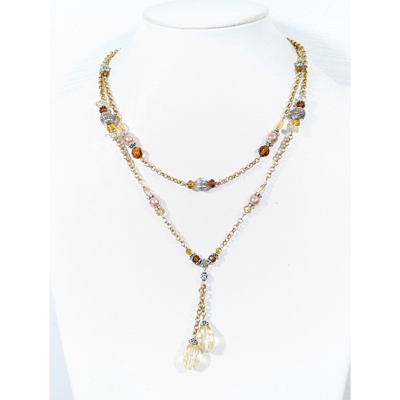 Avon Jewelry - Avon Double Chain‎ Lariat Amber Color Beaded Necklace Elegant Chic 19 in
